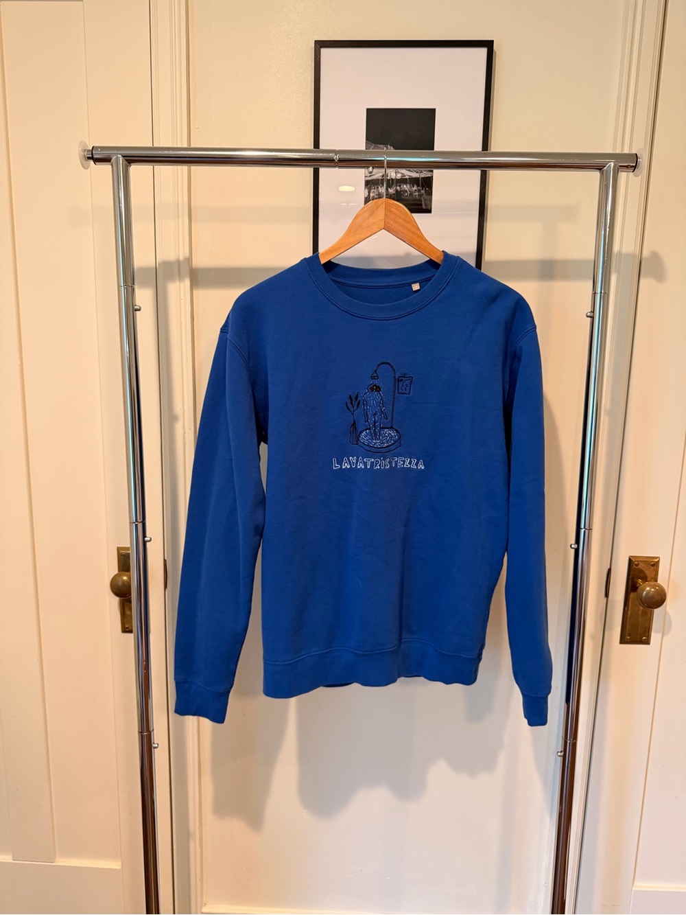 CUSTOM made “Crying in the shower” Blue Crewneck Sweatshirt with Subtle Graphic